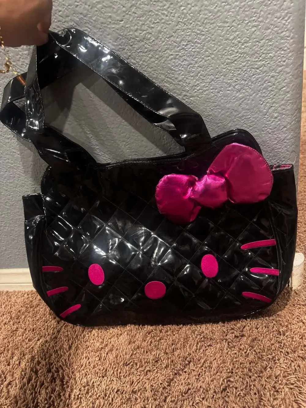 Hello Kitty Quilted Patent Leather Tote Bag in Black and Pink